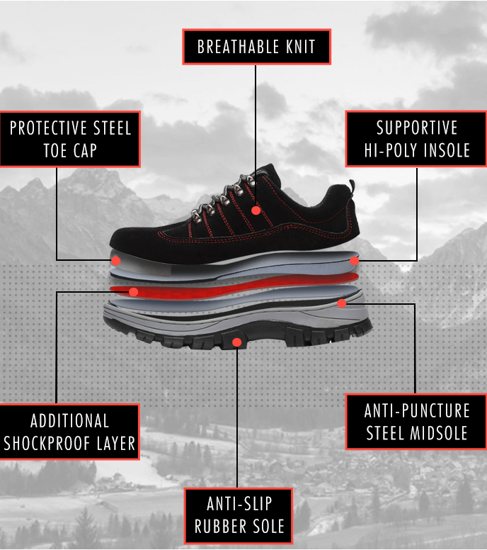 Hypnos™ Black-Red Steel Toe Work Sneakers — Lightweight, Anti-Slip, Durable Safety Shoes