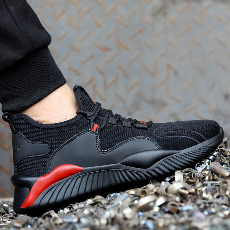 Helios™ Black Red Steel Toe Work Sneakers | Lightweight Slip-Resistant Safety Shoes