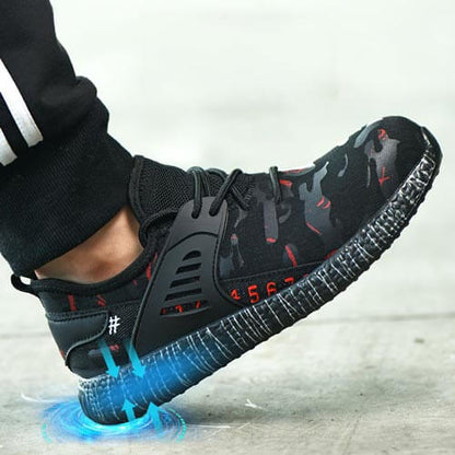 Calypso™ Camo Steel Toe Sneakers — Lightweight, Anti-Slip, Shock-Absorbing Safety Shoes (Black/Red)