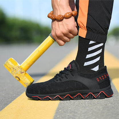Tyche™ Black-Red Steel Toe Work Sneakers — Lightweight, Breathable, Slip-Resistant Safety Shoes