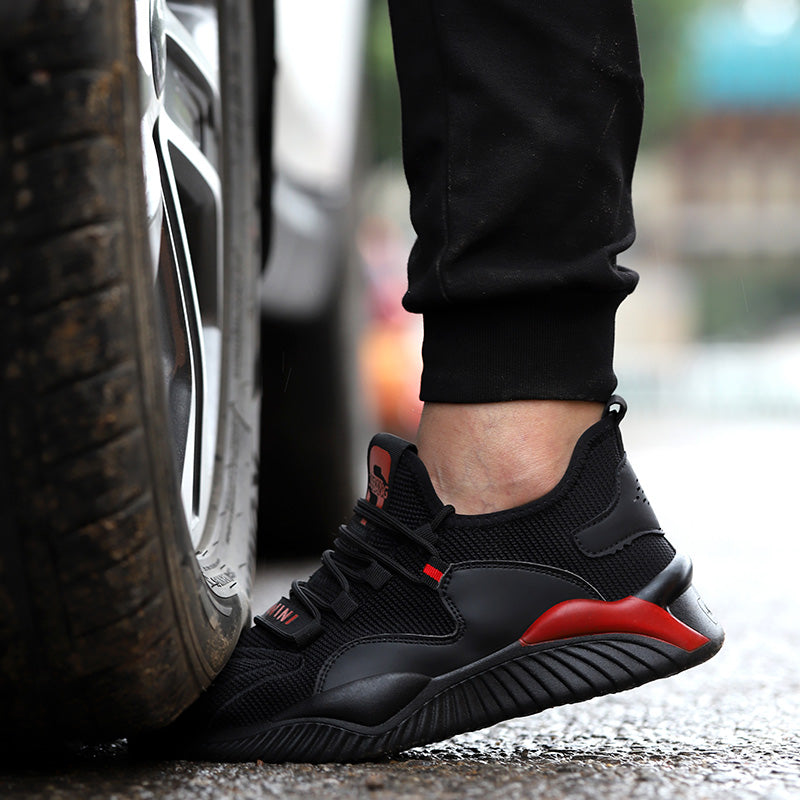 Helios™ Black Red Steel Toe Work Sneakers | Lightweight Slip-Resistant Safety Shoes
