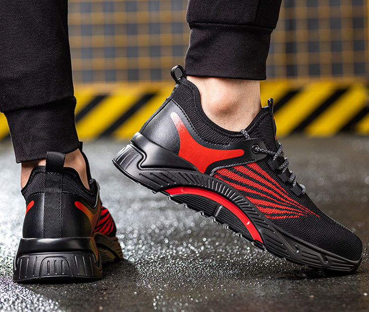 Aidos™ J3 Black-Red Steel Toe Work Sneakers — Lightweight, Breathable, Anti-Slip Safety Shoes for Men