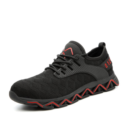 Tyche™ Black-Red Steel Toe Work Sneakers — Lightweight, Breathable, Slip-Resistant Safety Shoes