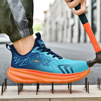 Agon™ NOXZ Men’s Steel Toe Kicks — Ultra-Durable, Breathable, Anti-Puncture Work Sneakers (Blue/Orange)
