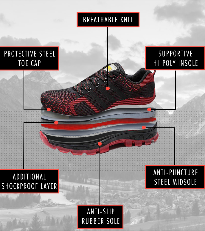 Algos™ Black-Red Steel Toe Work Sneakers — Lightweight, Breathable, Anti-Slip Safety Shoes for Men
