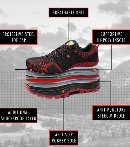 Algos™ Black-Red Steel Toe Work Sneakers — Lightweight, Breathable, Anti-Slip Safety Shoes for Men