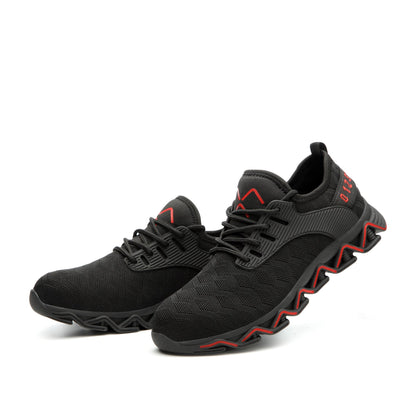 Tyche™ Black-Red Steel Toe Work Sneakers — Lightweight, Breathable, Slip-Resistant Safety Shoes