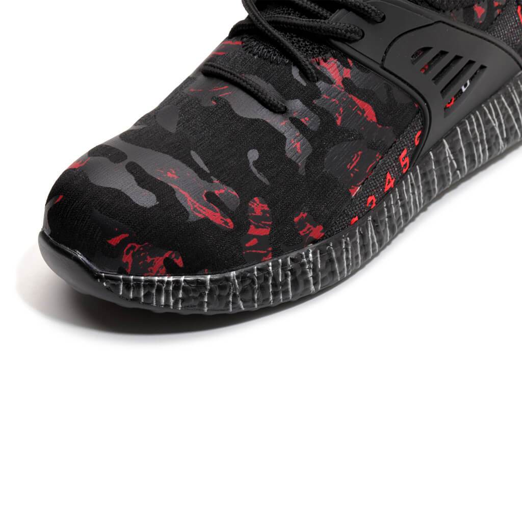 Calypso™ Camo Steel Toe Sneakers — Lightweight, Anti-Slip, Shock-Absorbing Safety Shoes (Black/Red)