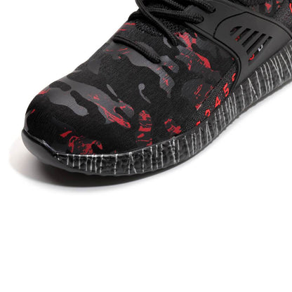 Calypso™ Camo Steel Toe Sneakers — Lightweight, Anti-Slip, Shock-Absorbing Safety Shoes (Black/Red)