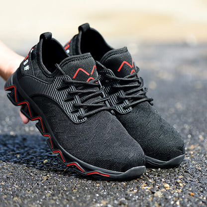 Tyche™ Black-Red Steel Toe Work Sneakers — Lightweight, Breathable, Slip-Resistant Safety Shoes
