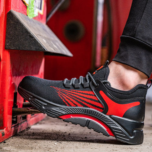 Aidos™ J3 Black-Red Steel Toe Work Sneakers — Lightweight, Breathable, Anti-Slip Safety Shoes for Men