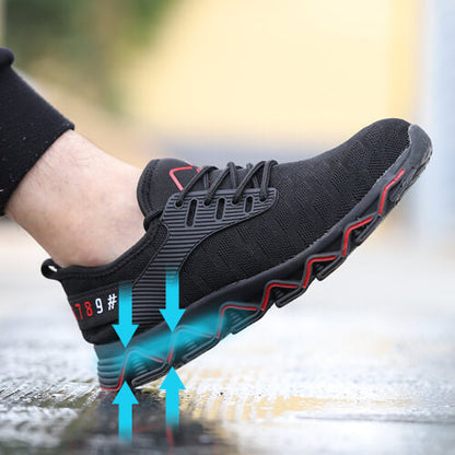 Tyche™ Black-Red Steel Toe Work Sneakers — Lightweight, Breathable, Slip-Resistant Safety Shoes