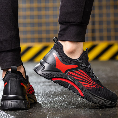 Aidos™ J3 Black-Red Steel Toe Work Sneakers — Lightweight, Breathable, Anti-Slip Safety Shoes for Men