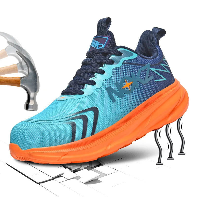 Agon™ NOXZ Men’s Steel Toe Kicks — Ultra-Durable, Breathable, Anti-Puncture Work Sneakers (Blue/Orange)