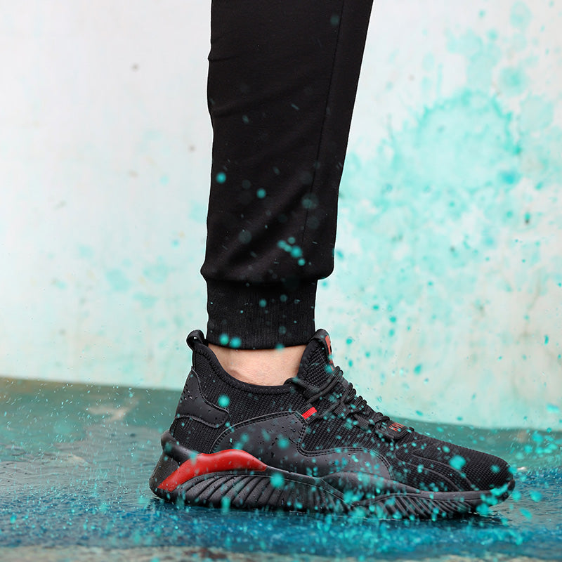 Helios™ Black Red Steel Toe Work Sneakers | Lightweight Slip-Resistant Safety Shoes