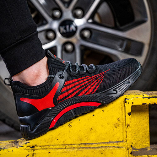 Aidos™ J3 Black-Red Steel Toe Work Sneakers — Lightweight, Breathable, Anti-Slip Safety Shoes for Men