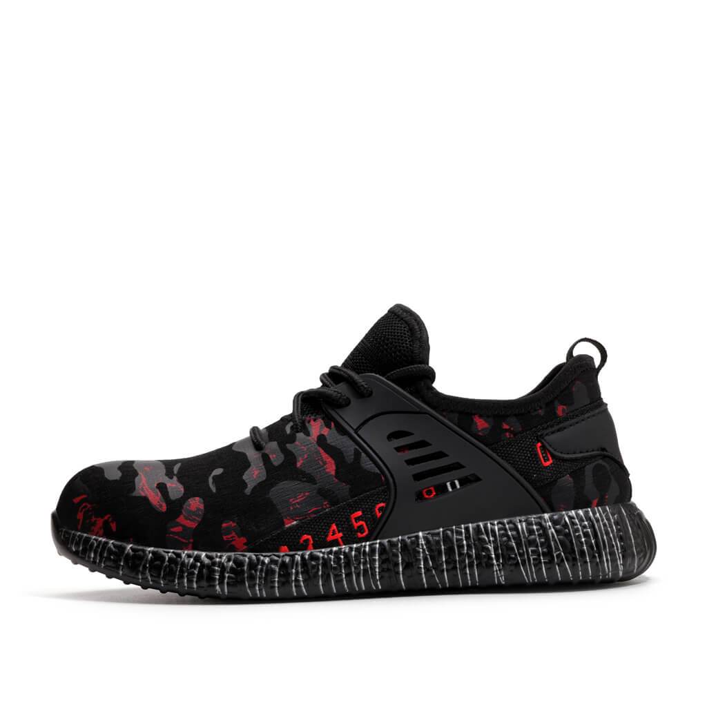 Calypso™ Camo Steel Toe Sneakers — Lightweight, Anti-Slip, Shock-Absorbing Safety Shoes (Black/Red)