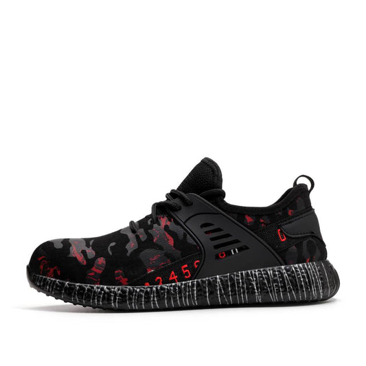 Calypso™ Camo Steel Toe Sneakers — Lightweight, Anti-Slip, Shock-Absorbing Safety Shoes (Black/Red)