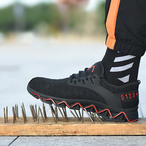 Tyche™ Black-Red Steel Toe Work Sneakers — Lightweight, Breathable, Slip-Resistant Safety Shoes